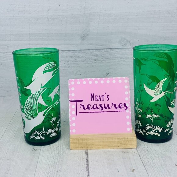 MCM Anchor Hocking CANADIAN GEESE Ducks Frost Green 14oz Tumbler Glasses Set 2 - Picture 1 of 7